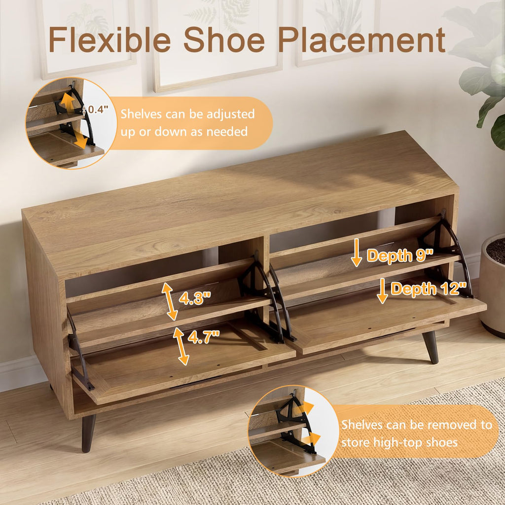 Rattan Shoe Storage Cabinet with 2 Flip Drawers, Hidden Shoe Storage Organizer with Adjustable Shelves and Metal