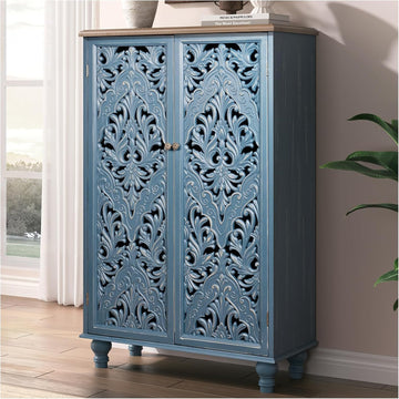 47" Tall Accent Cabinet with Doors & Storage ,Blue | Carved Solid Wood Legs, Decorative Cabinet for Dinning
