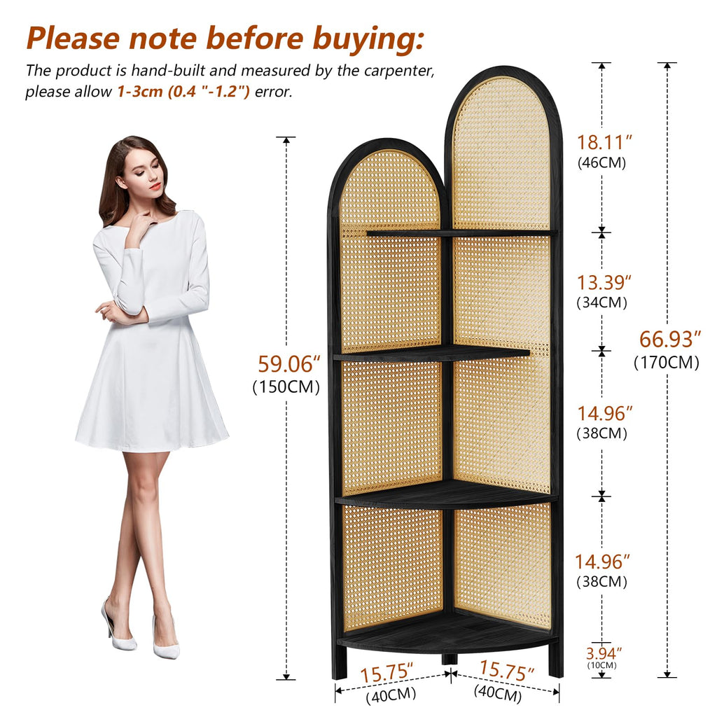 70" Arched Rattan Corner Shelf, 4-Tier 90° Corner Design, Black