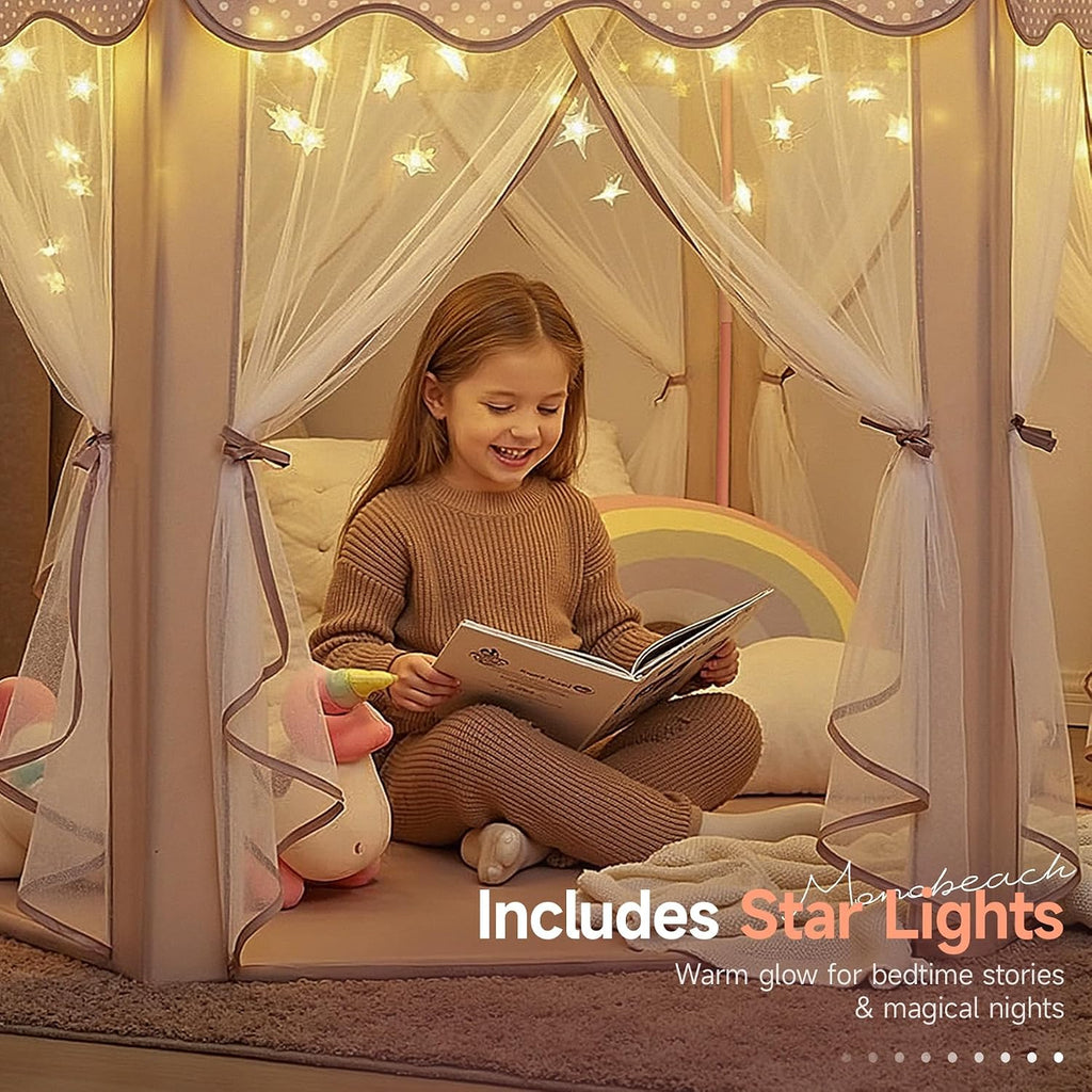 Princess Play Tent for Girls: Brown Large Kids Castle Playhouse with Mesh Curtains & Star Lights - Indoor Outdoor