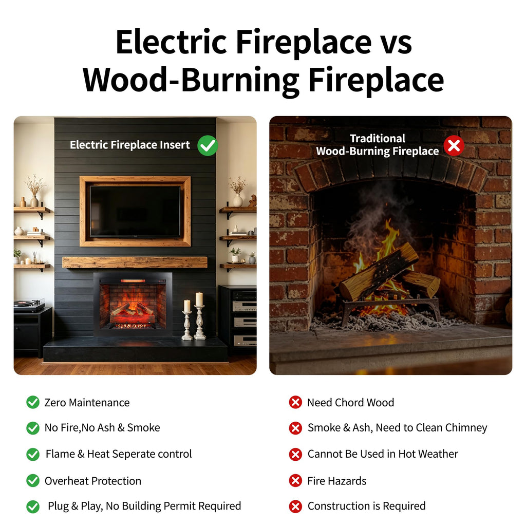 33" Electric Fireplace Insert w/Trim Kit, Hardwired or Plug-in, Realistic Crackling Sound & 4 Flame Colors, 1500W