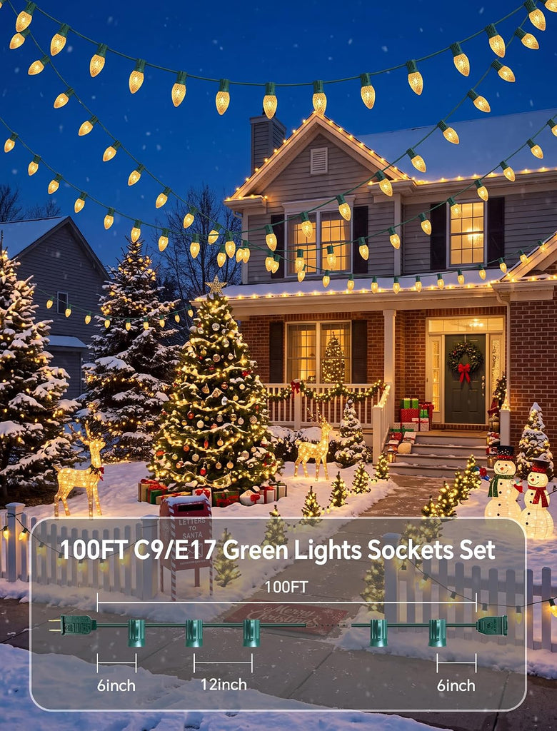 100FT C9 Light String Christmas Stringer, Green Wire with E17 Light Sockets
