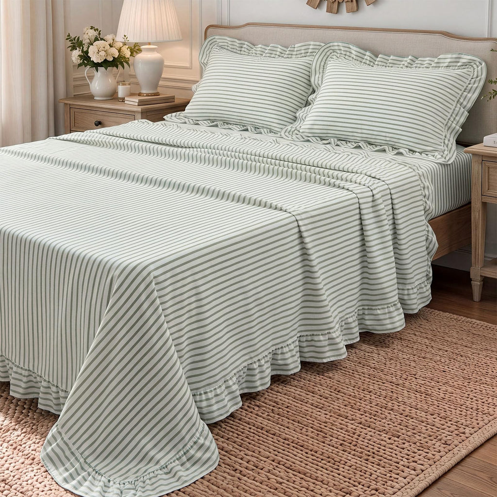 Sage Green Striped Ruffle Sheets Set, Farmhouse Cottage