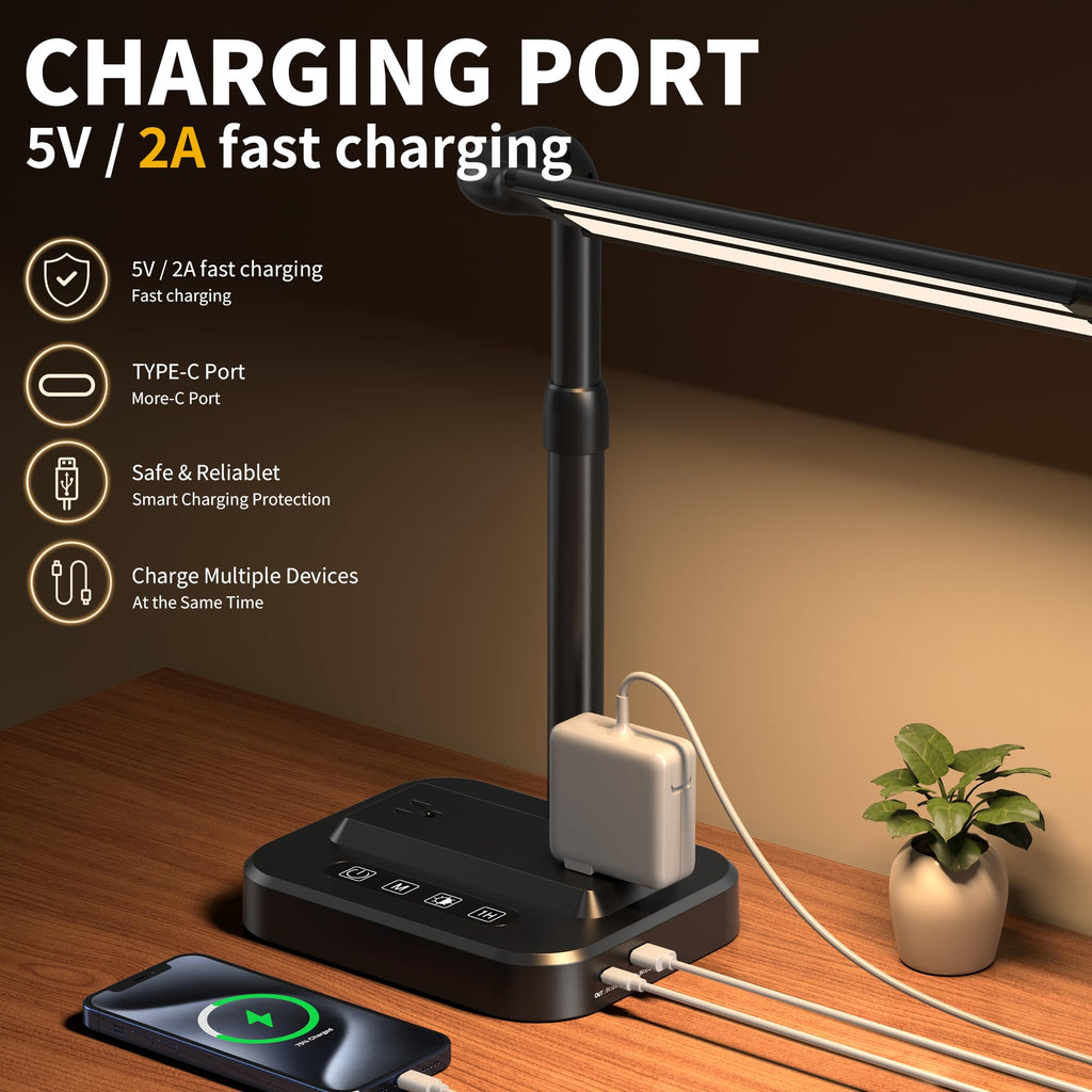 LED Desk Lamp, Ultra Wide Computer Light, Dimmable Desk Light with USB Fast Charger, Adjustable Foldable Eye Caring