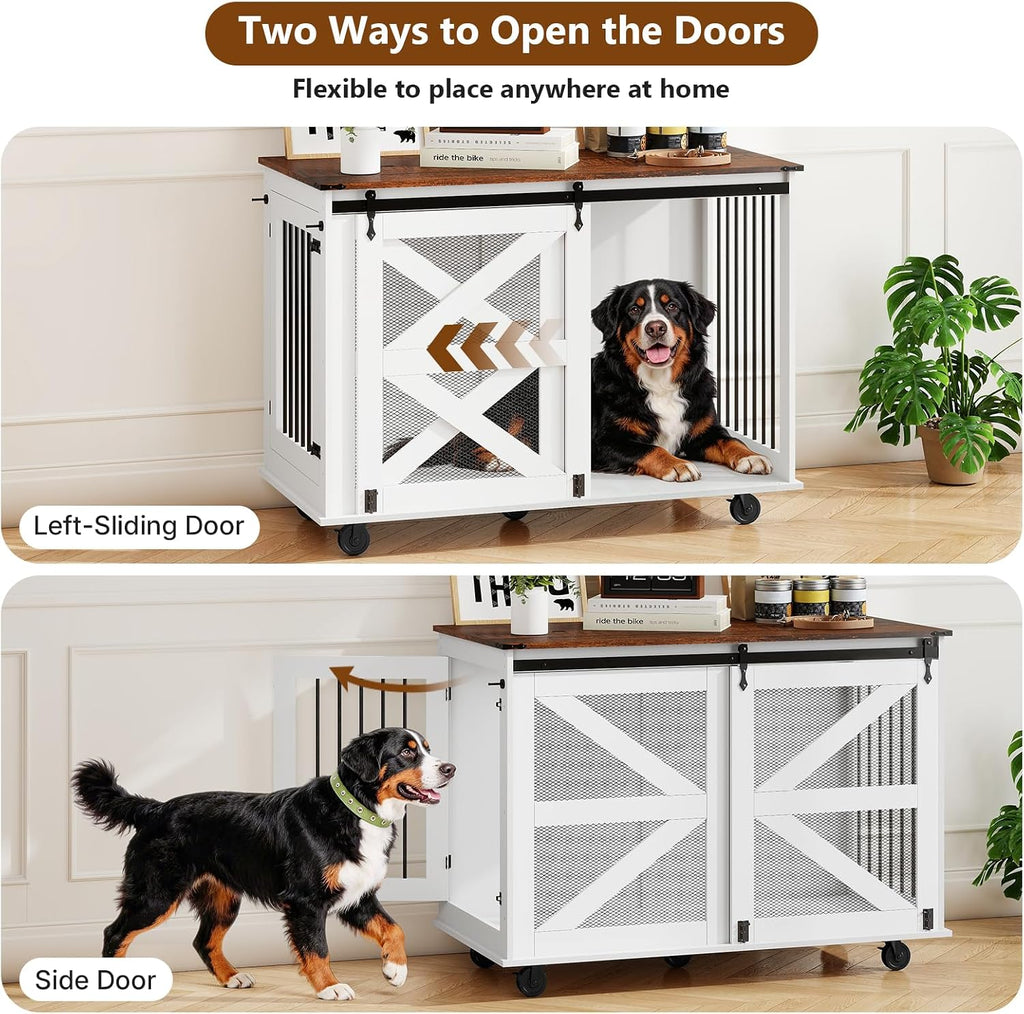 48 Inch XL Dog Crate, Wood XXL Dog Crate Furniture with Wheels, Flip-Top Feeding Door, Removable Divider, Farmhouse