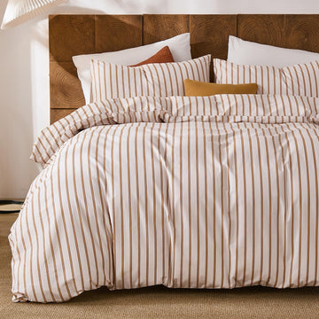 Striped Duvet Cover Set 3 Pieces 100% Cotton Duvet Cover Set with Beige and Terracotta Vertical Stripe