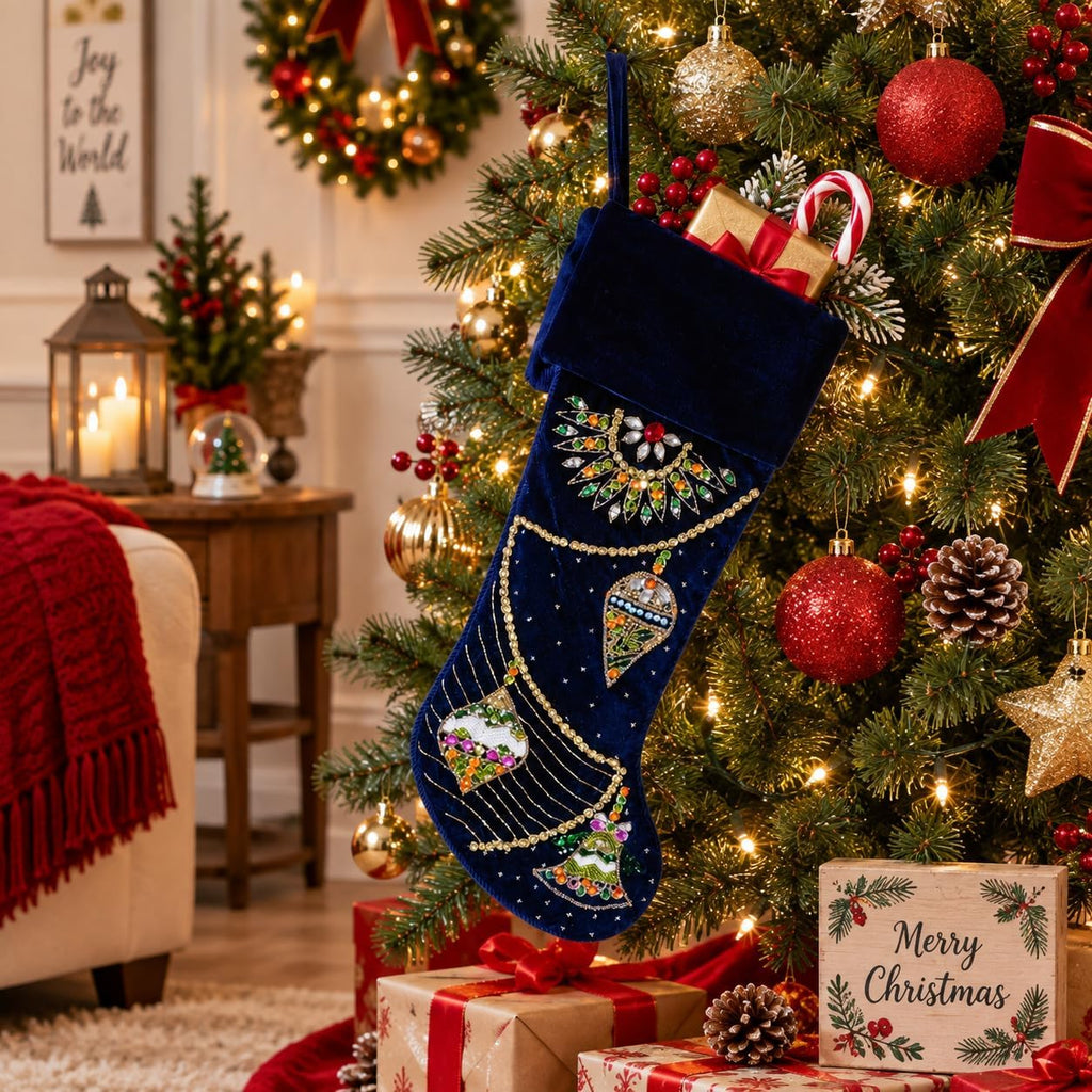 Luxury Navy Blue Velvet Christmas Stocking with Beaded Embroidery, Elegant Holiday Stocking with Tassel, Decorative