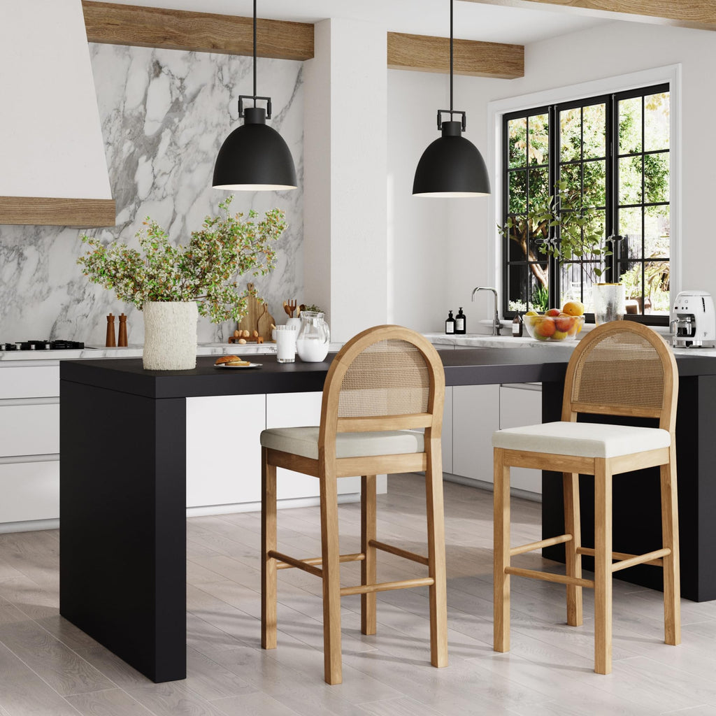 Bailey 29 in. Boucle Bar Stool with Back, Bar Height Chair with Natural Woven Rattan Back and Solid Wood Legs, Light