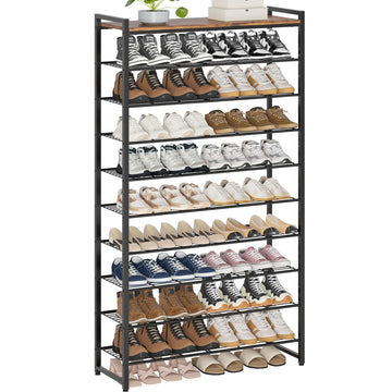10 Tier Shoe Rack Organizer for 40-50 Pairs, Tall Metal Shoe Storage Shelf with Wood Top, Adjustable Boot Space