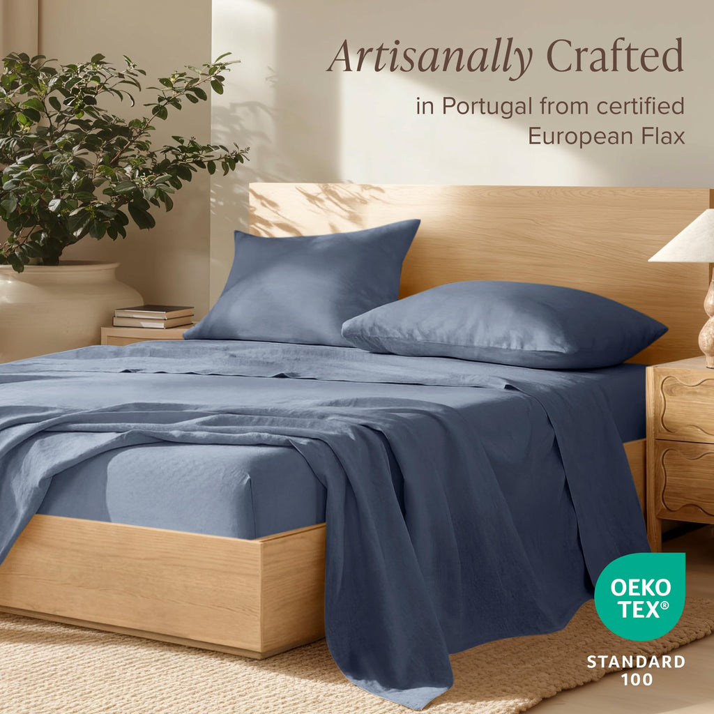 100% European Linen Sheet Set (Split King, Indigo)