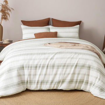 3-Piece Crinkle Comforter Set, Green Stripe, Soft & Breathable