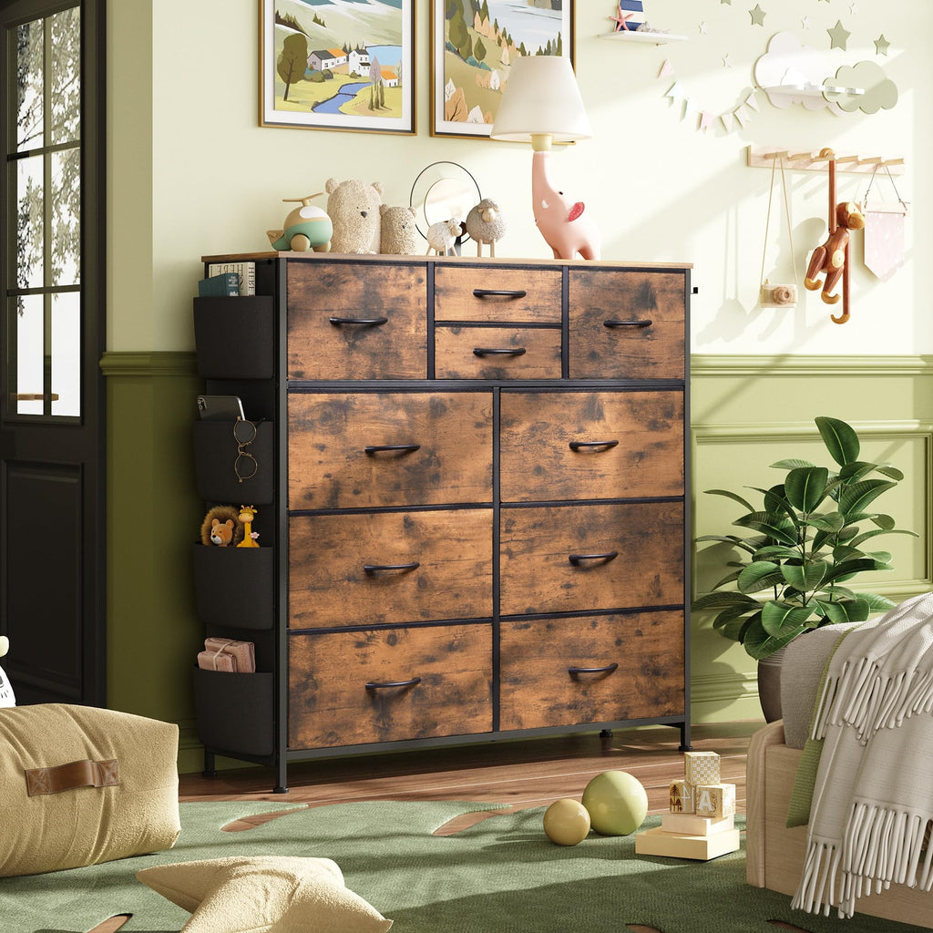 10 Drawer Fabric, Side Pocket Chest, Rustic Brown