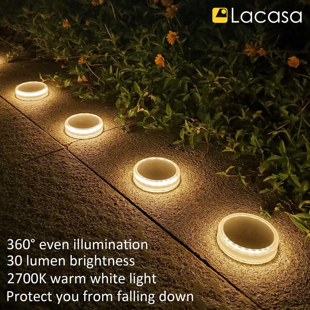 Solar Deck Lights, 4 Pack 30LM Outdoor Solar Powered Step Lights, LED Dock Lights Warm White 2700K Light up All Night