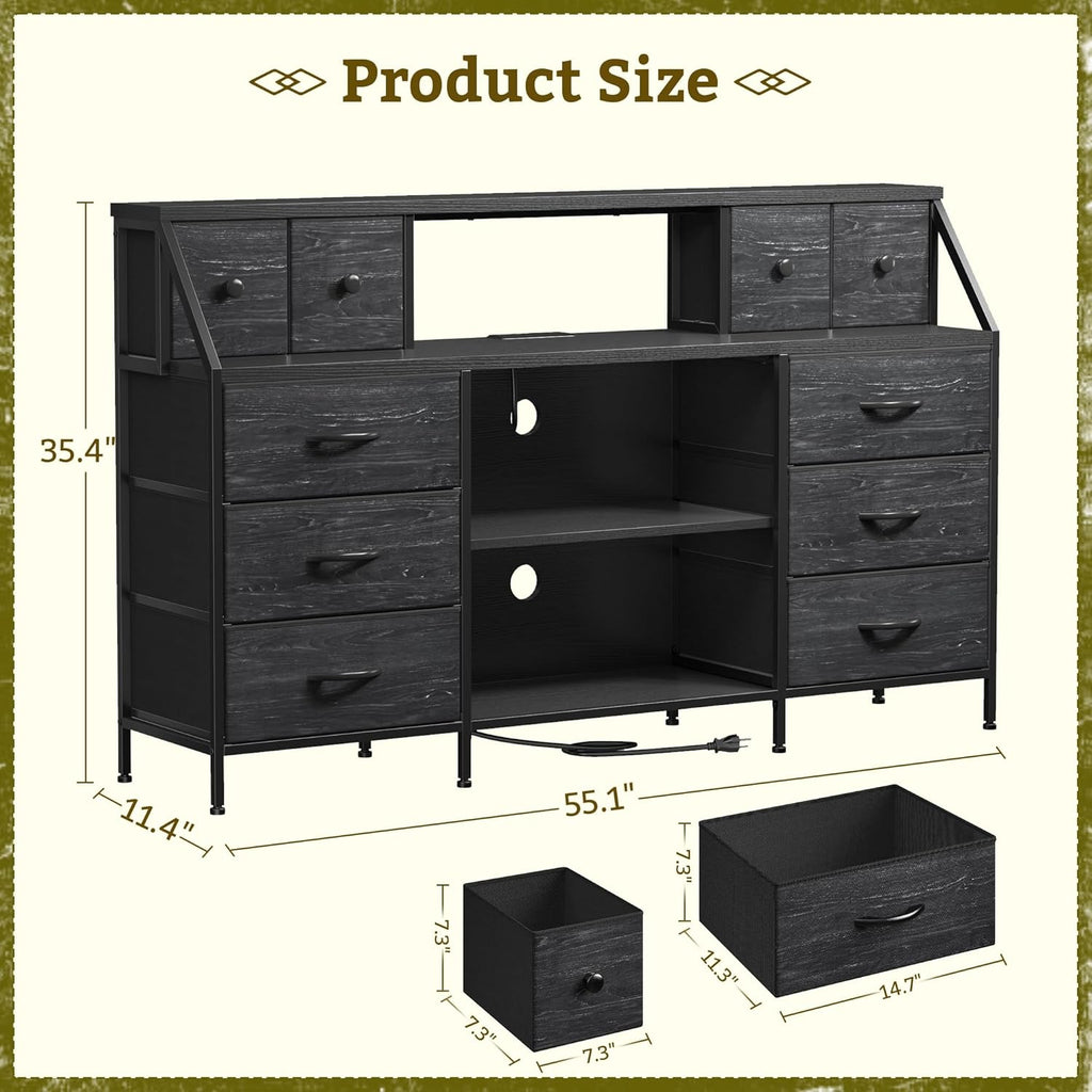 Black 55" Dresser with Charging Station & LED Lights Chest of Drawers with Detachable Mesh Door Bedroom Living Room