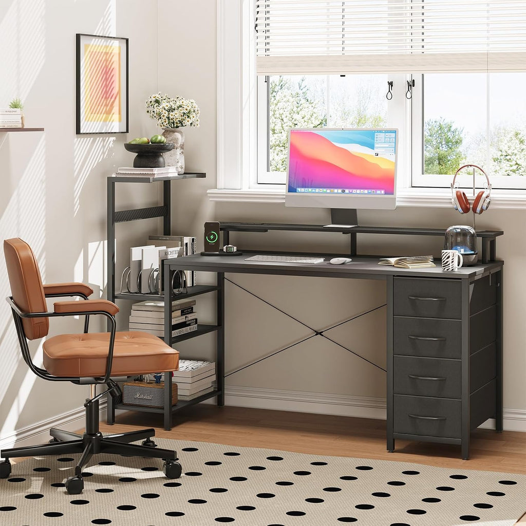 59in Gaming Computer Desk with Drawers & Power Outlet & LED Lights, Black | Gaming Table, Escritorio Gamer