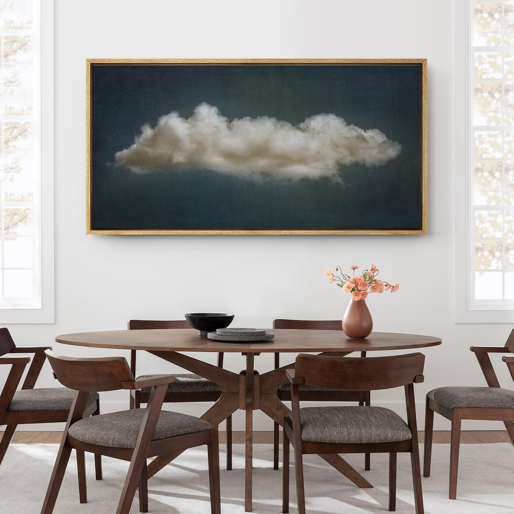 Extra Large Framed Canvas Print Wall Art Single Fluffy Cloud on Dark Sky Minimalist Atmospheric Illustrations Modern