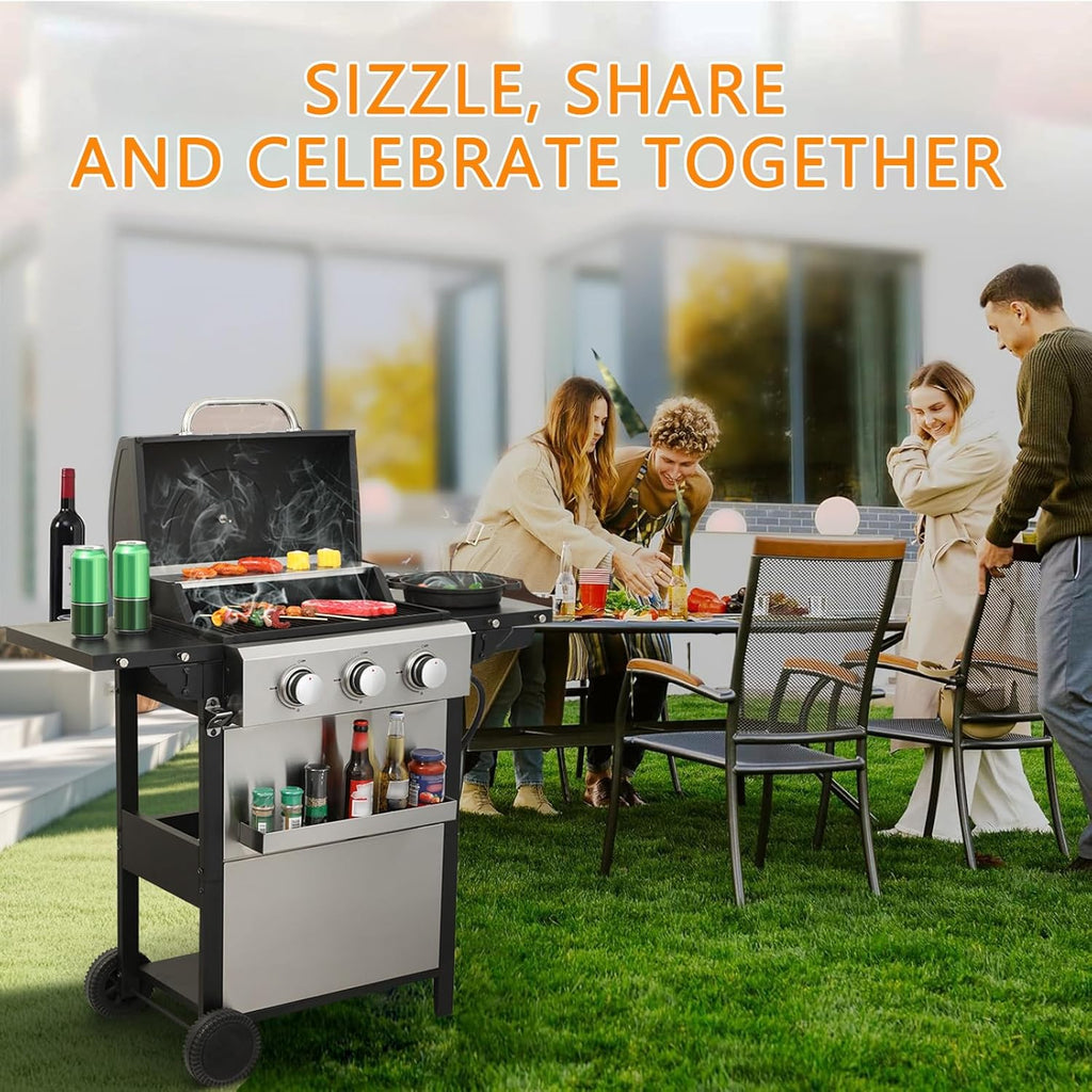 3-Burner Propane Gas Grill, 36,900 BTU Stainless Steel Cabinet Grill with Wheels, Wire Rack, and Foldable Side Tables for Outdoor Patio BBQ (Silver)