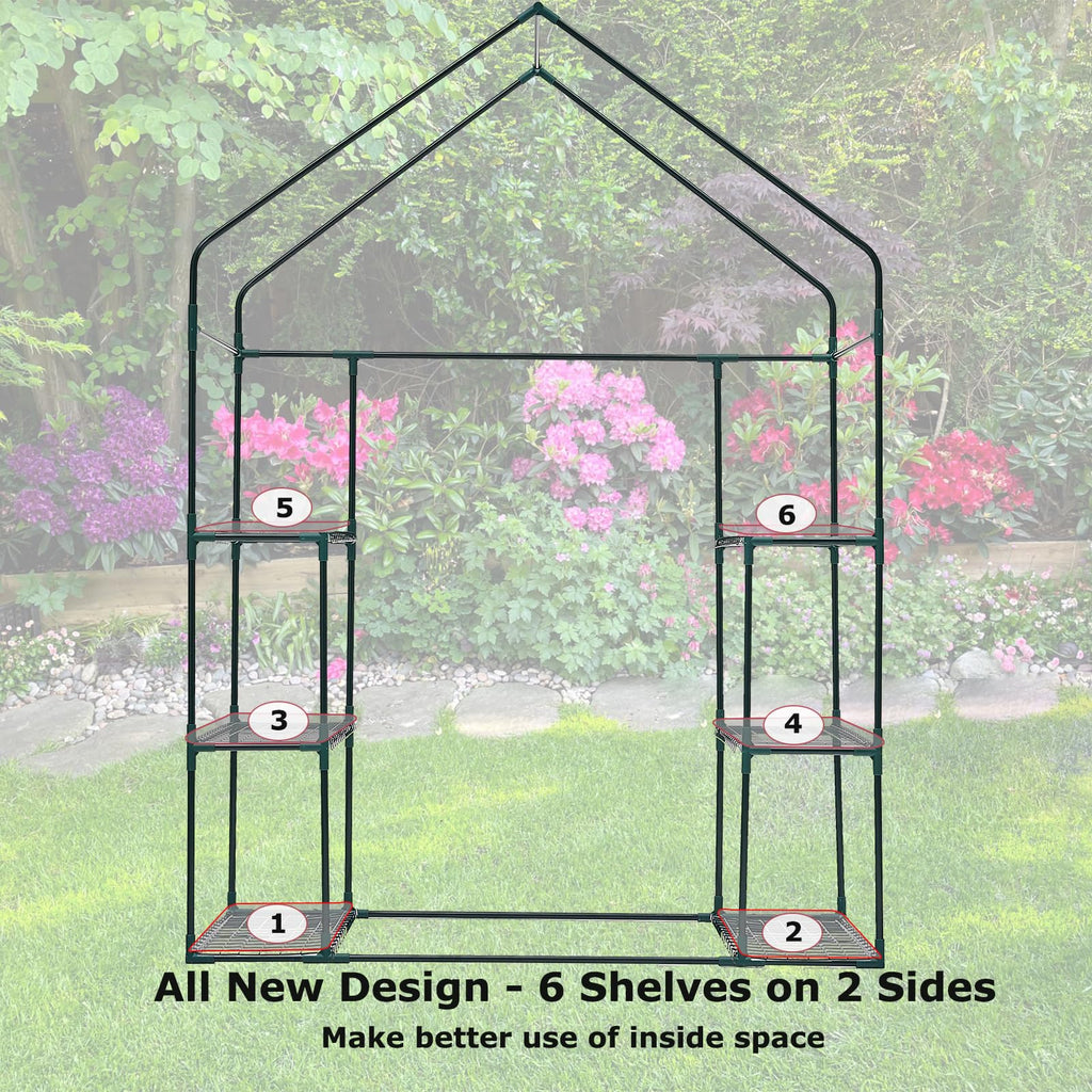 Walk-in Greenhouse for Outdoors w/ Mesh Side Windows, 3 Tiers 6 Shelves PE Cover Green House Portable Warm House for
