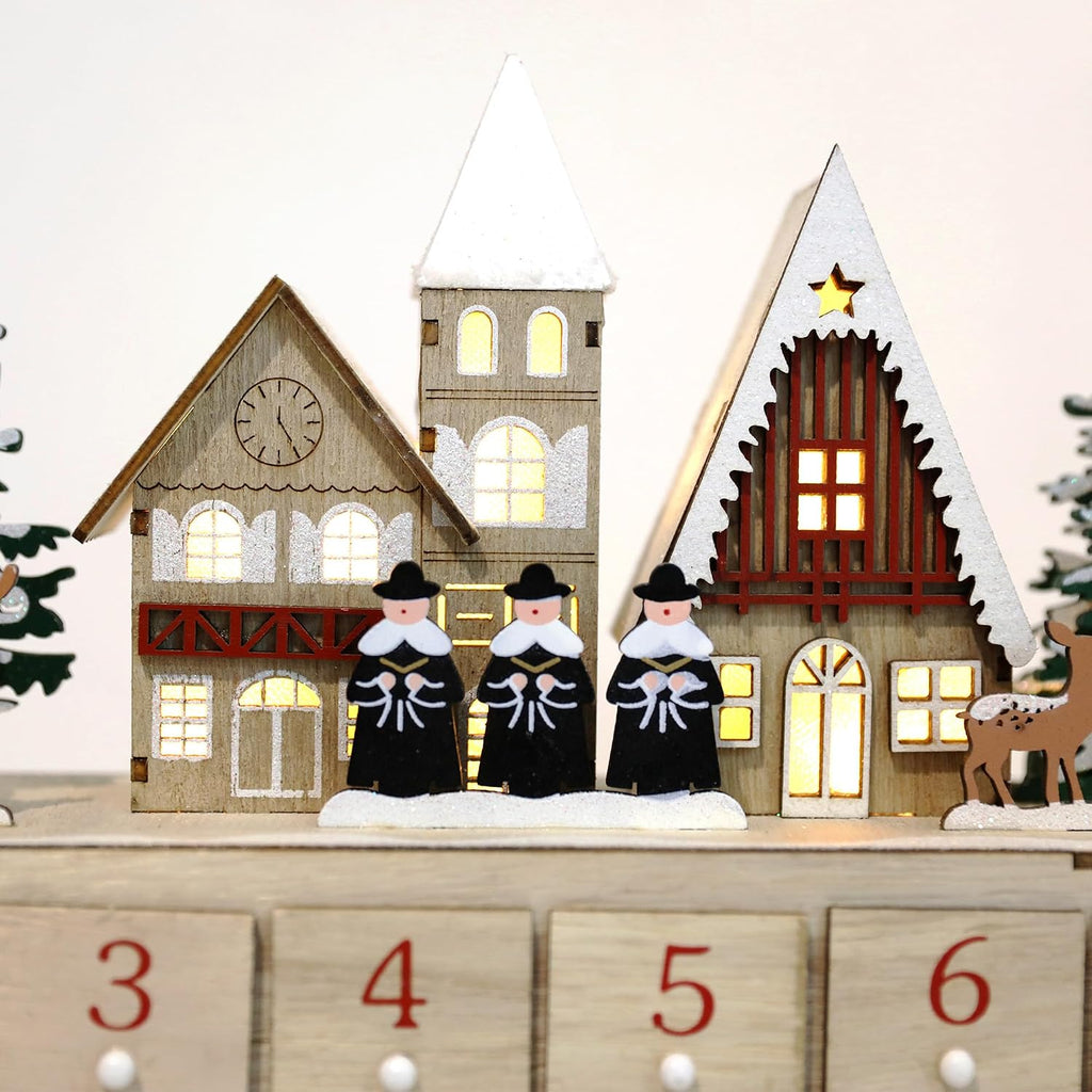 Wooden Advent Calendar with LED Lights, 24 Drawers Countdown to Christmas, Barn House Design, Holiday Decoration