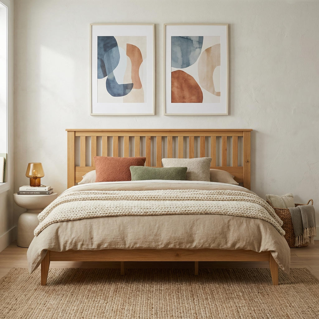 Wood Platform Bed - Pine, King, Bed & Mission-Style Headboard