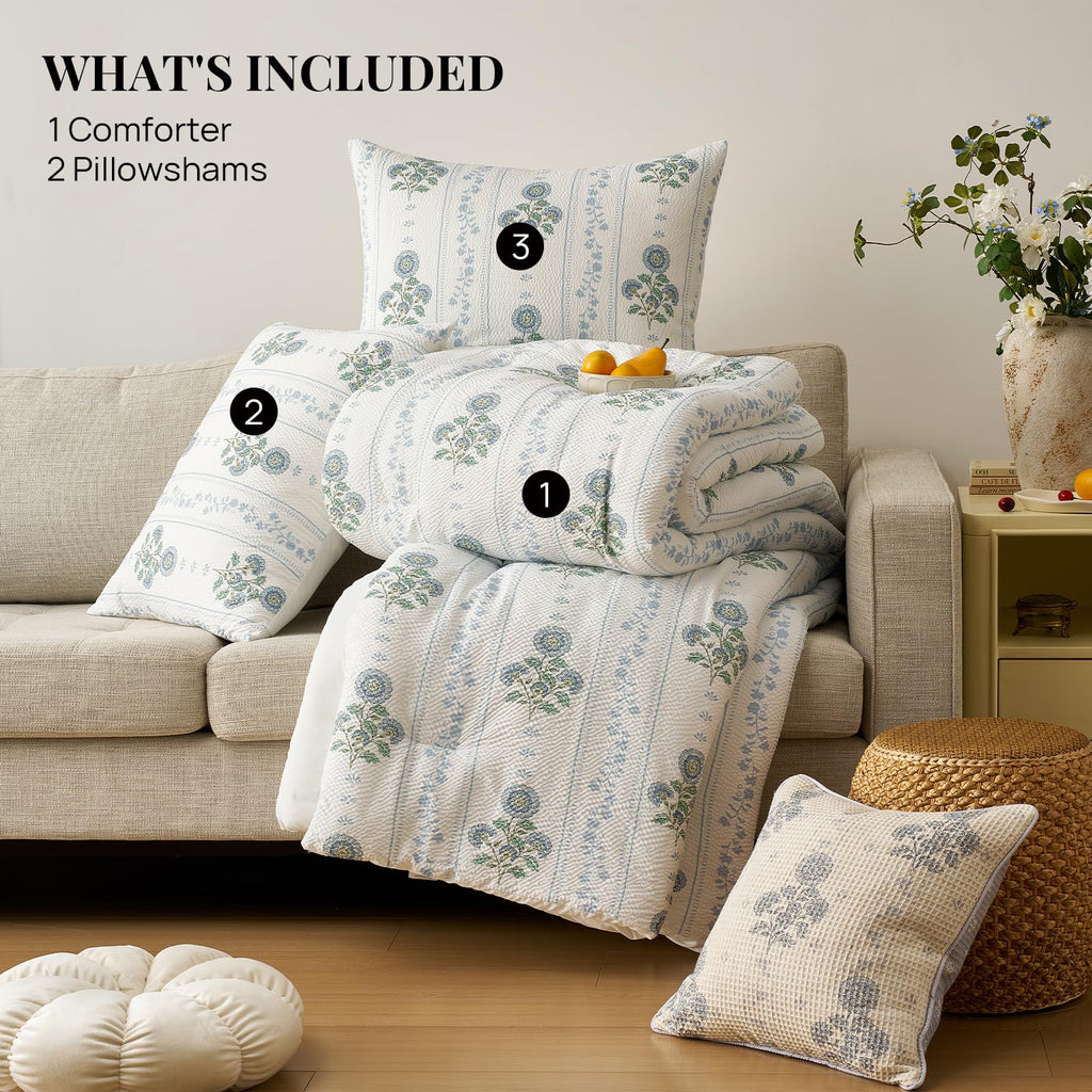 Comforter Set 3 Pieces Bed Set Seersucker Bed in a Bag Dirty Blue
