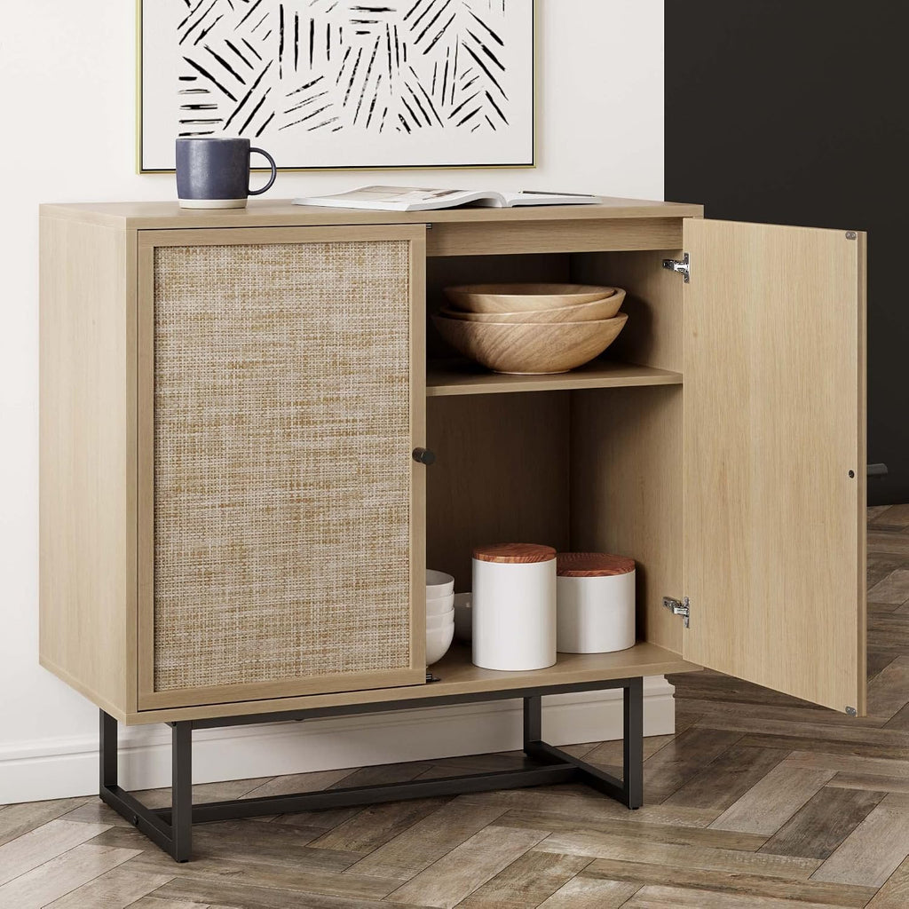 Kova Accent Sideboard Storage Cabinet in Light Wood and Rattan with Metal Frame, Adjustable Shelves and Cane Doors