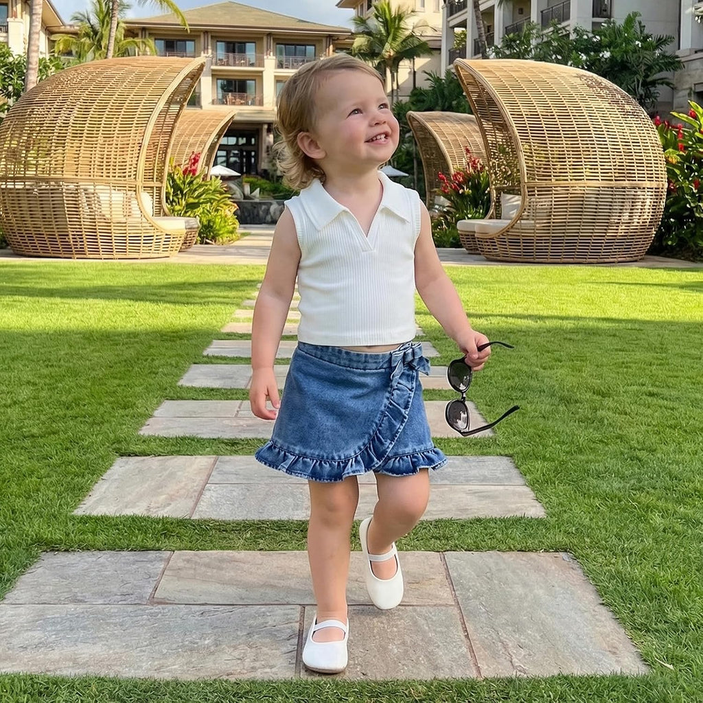 Toddler Baby Girl Denim Outfit Lapel Collar Ribbed Tops Jean Skirt