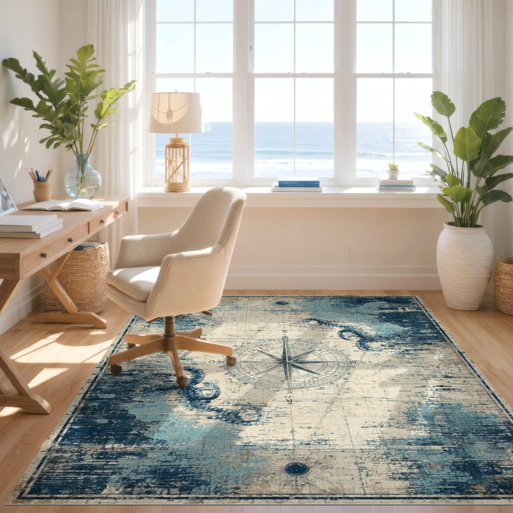 5x7 Washable Area Rugs, Navy Nautical Compass