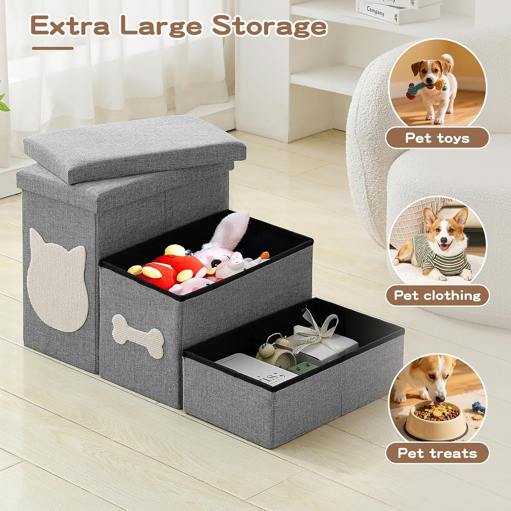 3-Step Dog Stairs for Small Dogs, Folding Dog Steps for Bed, Grey