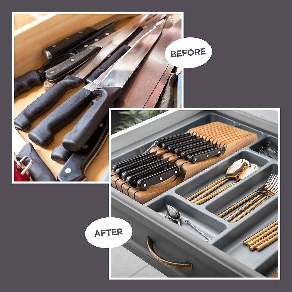 Knife Drawer Organizer 16 Slot In-Drawer Knife Block Holder, Bamboo