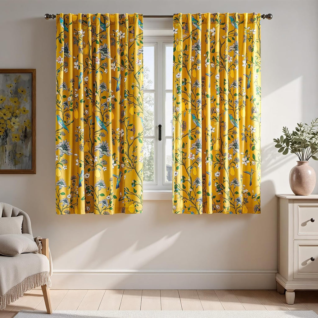Mustard Yellow Vintage Velvet Floral Curtains (Set of 2 Panels) 96 inches