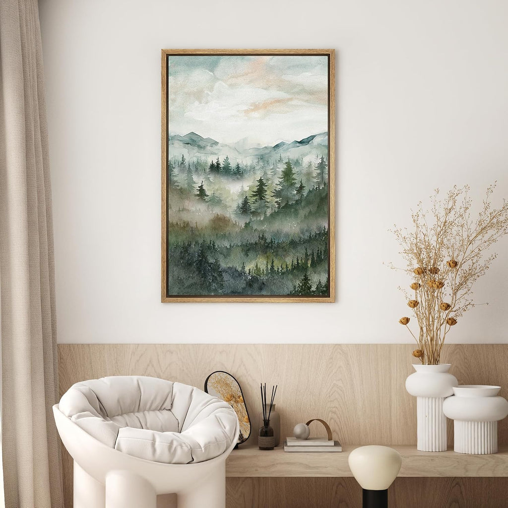 Framed Canvas Print Wall Art Woodland Nursery Decor Green Winter Mist Mountain Forest Trees Nature Modern Art
