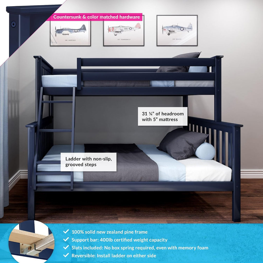 Bunk Bed Twin Over Full with Ladder, Solid Wood Platform Bed Frame with Ladder for Kids, 14" Safety Guardrails
