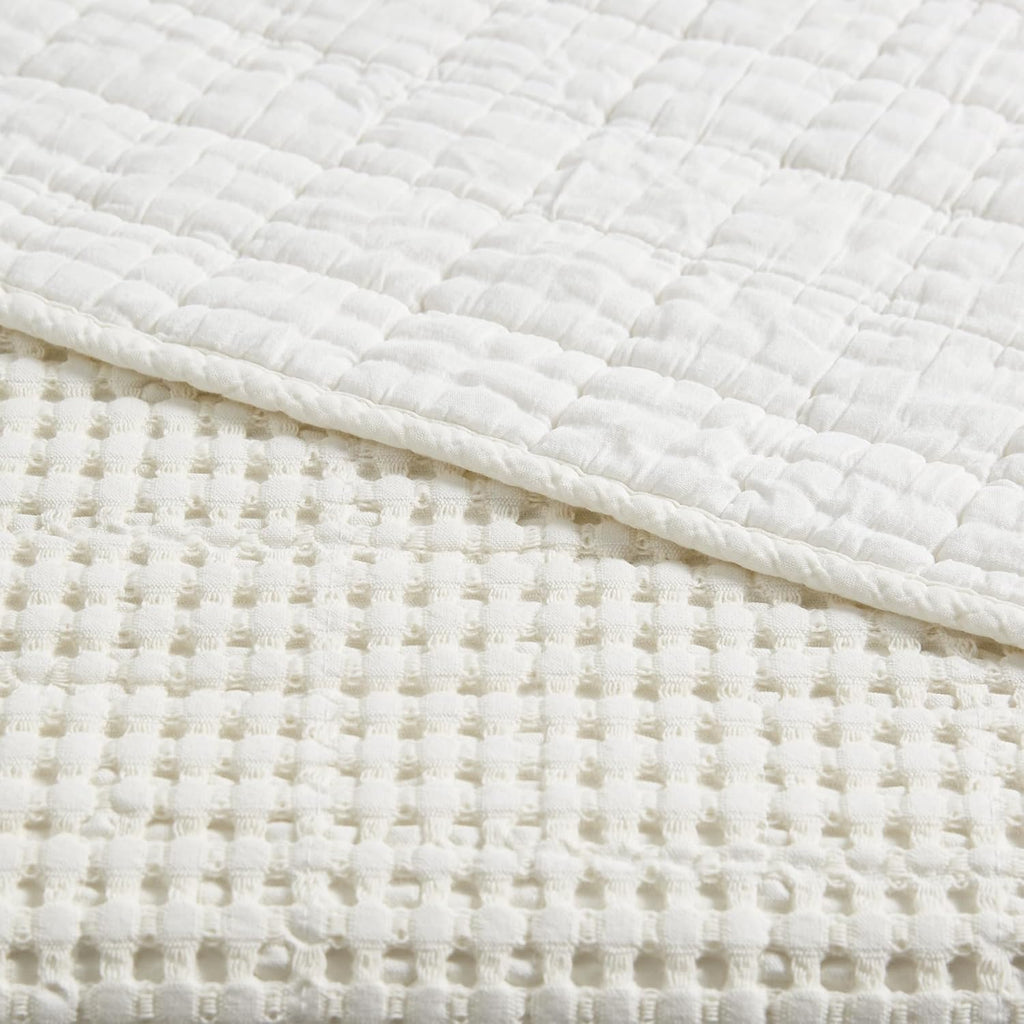 King Bedspread Set (122x106in) with 2 Pillow Shams (36x20in) - Cream - Cotton Waffle King Bedspread Set
