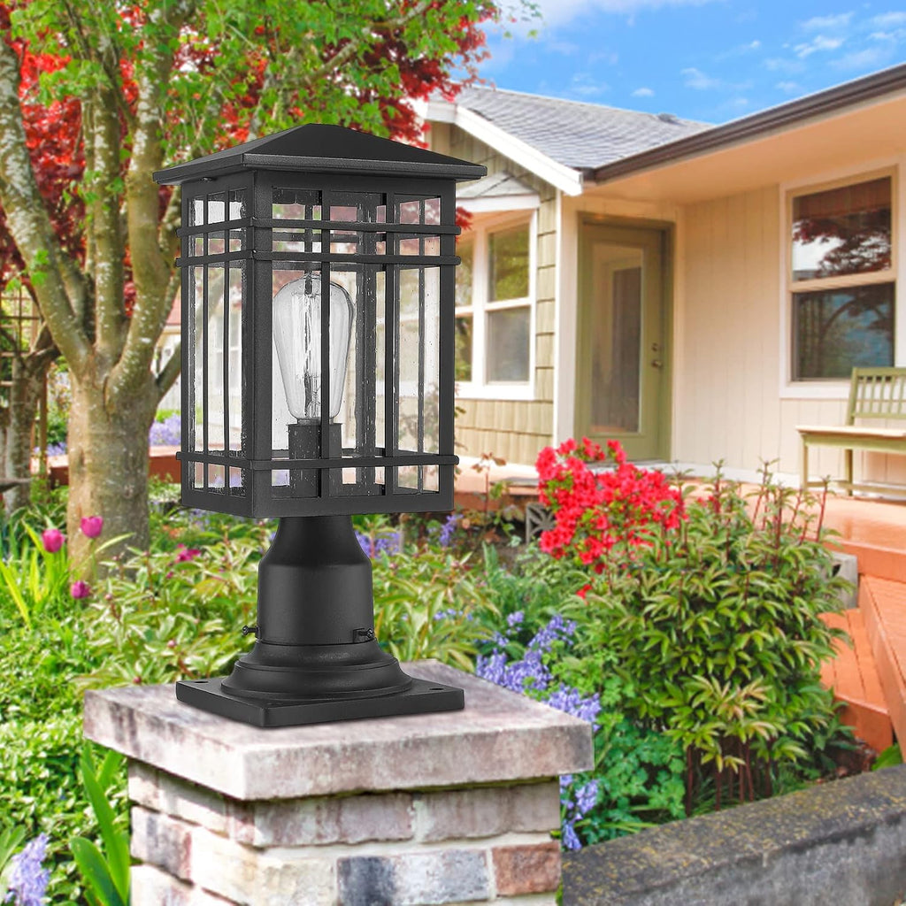 Outdoor Post Lights Fixture - Exterior Post Lantern with Seeded Glass in Black Finish - Pillar Light Ideal for Patio