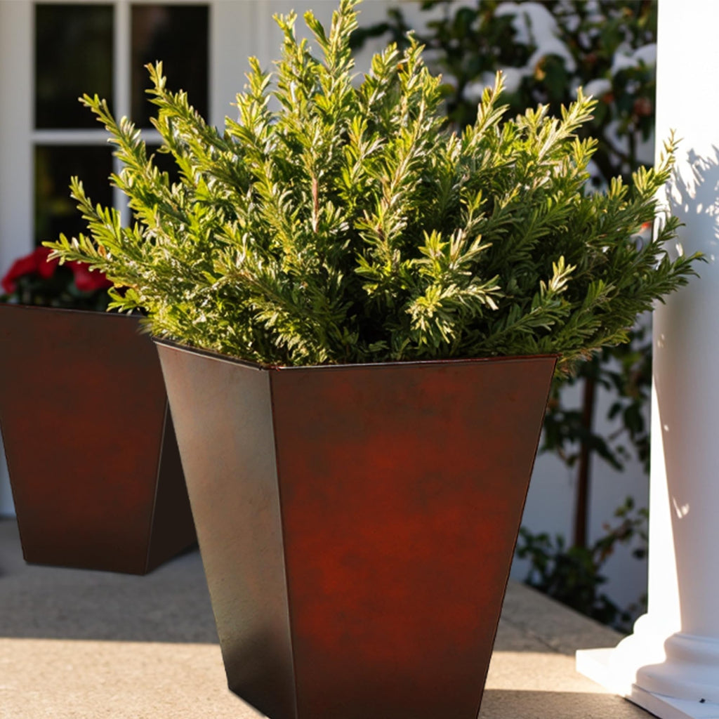 Large Metal Glazed Floor Planter Set of 2-14" Dia x 18" H - Luxurious Glossy Finish Red Tall Square Tapered Steel