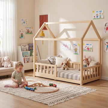 Toddler Bed, Toddler Floor Bed with Safety Guardrails, Wood Montessori House Bed with Roof, Low Toddler Bed Frame