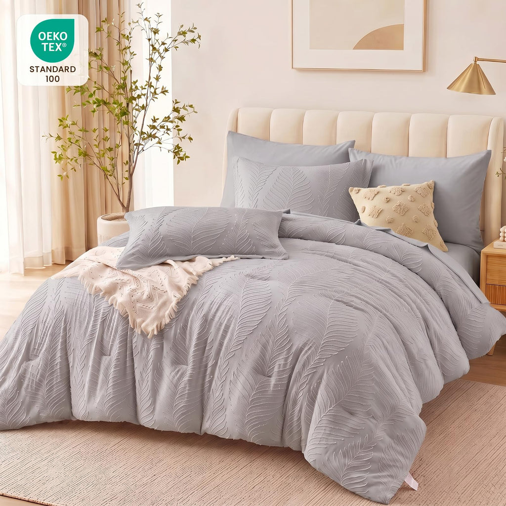Grey Bedding Comforter Set King Size 7 Pieces Tufted Boho Comforter Set Leaves Floral Farmhouse Shabby Chic Bedding