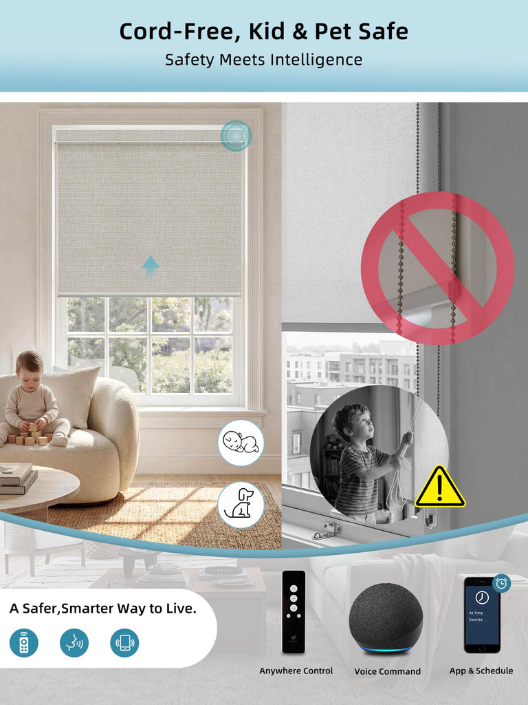 Motorized Smart Roller Shades, 100% Blackout Safari Cream