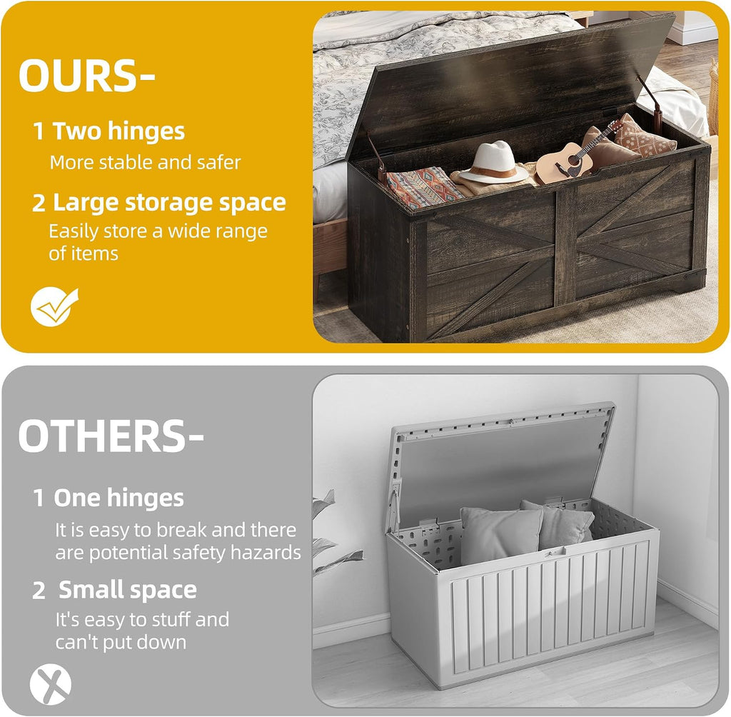 Wooden Storage Bench, Farmhouse Storage Chest with Safety Hinges, Entryway Shoe Organizer, Multi-Use Storage