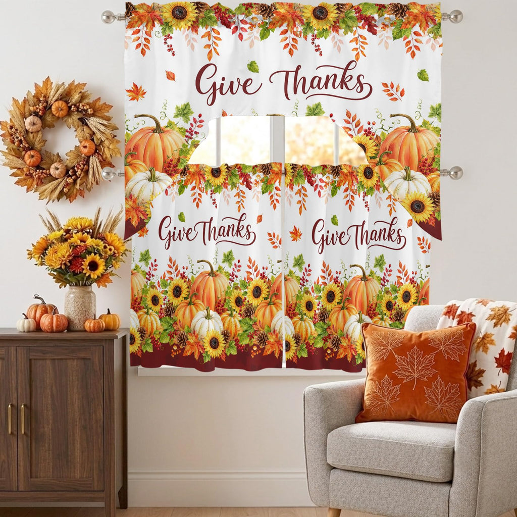 Thanksgiving Fall Kitchen Curtain and Valance Set 3 Pieces, Boho Farmhouse Orange Pumpkin Rod Pocket Short Tier