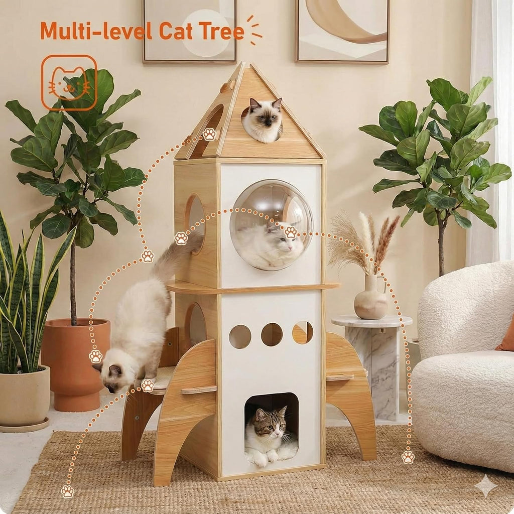 Modern Cat Tree Rocket Shape, 54" Wood Cat Tower Multilevel for Indoor Cats, Cat Furniture with 3 Condos, Dangling