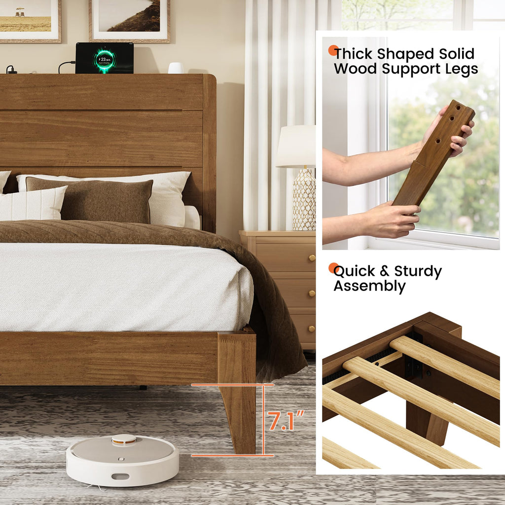 Queen Size Wood Platform Bed Frame with Mid-Century Modern Tall Headboard & Charging Station, Built-in Headboard