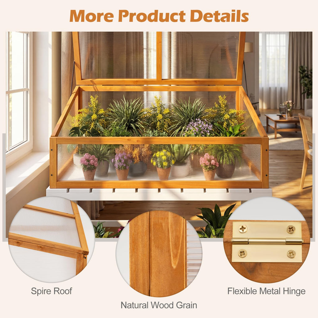 Wood Cold Frame Greenhouse, Portable Raised Planter Bed Protection with Transparent Flip-top Roof, Small Indoor