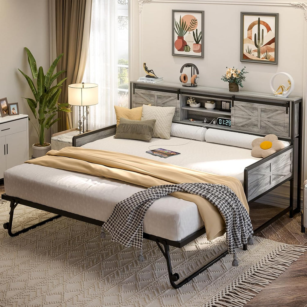 Farmhouse Twin Daybed with Pop-Up Trundle, Light Oak