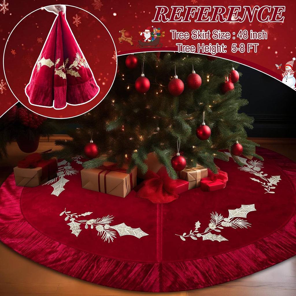 48 Inches Velvet Christmas Tree Skirt Red Wine Luxury Xmas Gold Fur Plush Skirts with Gold Embroidered Holly for