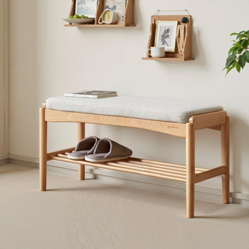 Solid Wood Shoe Bench, 32 Inch Entryway Bench with Light Gray Cushion