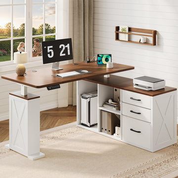 L Shaped Standing Desk - 55'' Farmhouse Computer Desk with Storage