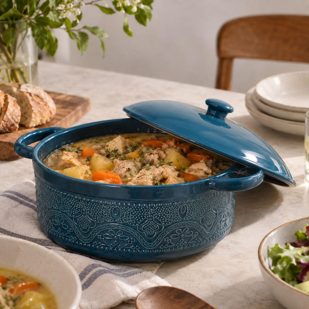 FE Casserole Dish with Lid, 2 Quart Ceramic Baking Dish, Grayish Blue