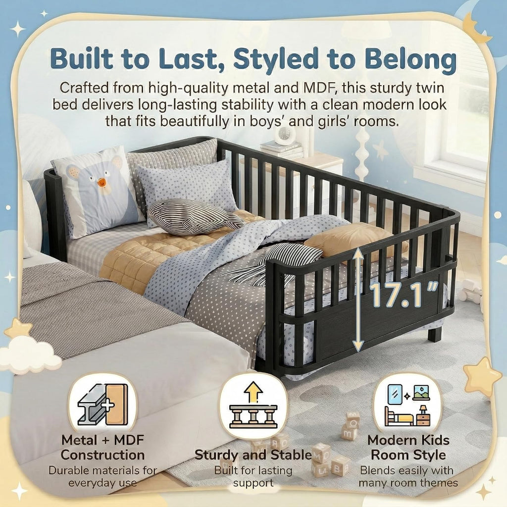 Twin Kids Bed Frame with Rails, Low Profile Montessori-Style Metal Bed for Boys Girls Teens, Removable Side Rail